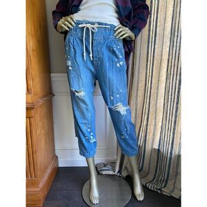 EUC Free People Distressed Denim Wide Leg Cropped Jeans S